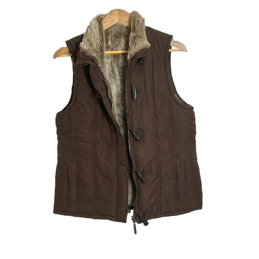 eStudio Womens Brown Reversible Faux Fur Vest Size Medium Full Zip Warm Layering